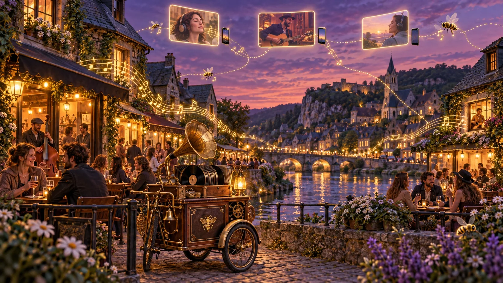 Un jukebox nomade traverse un village de bistrots lumineux. Des abeilles et des notes de musique relient les lieux à des fenêtres musicales et leurs téléphones.